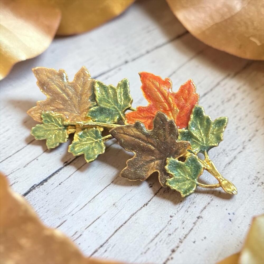 Autumn Leaves Brooch Orange Green Bronze Enamel Gold Tone Kenneth Cole KC